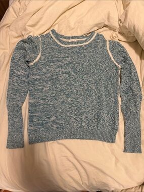 Soft Joie Blue Marled Crewneck Sweater with White Trim